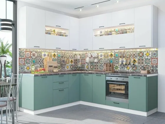 Готовый кухонный гарнитур кухня угловая без столешницы Флэт-02 2340*1700,2390*600 White In 2S, Grey-green In 2S